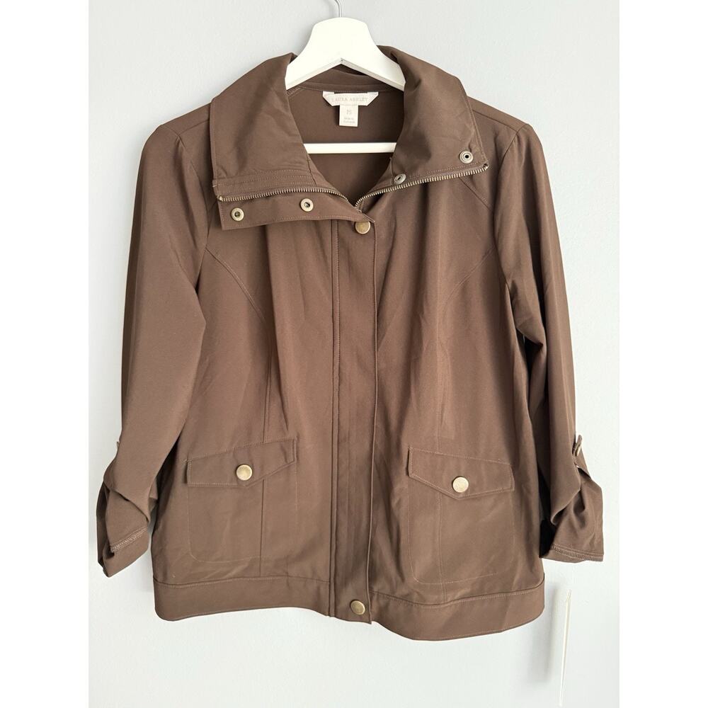 Laura Ashley Brown Utility Jacket Petite Small Snap Zip Stretch Casual Chic